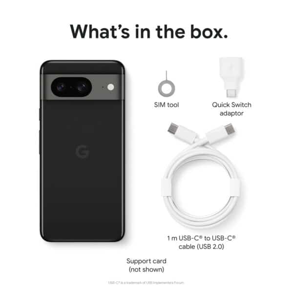 Google Pixel 8 Obsidian išmanusis telefonas pakuotės turinys