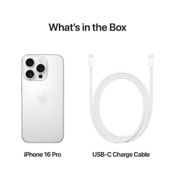 Apple iPhone 16 Pro White Titanium išmanusis telefonas pakuotes turinys.